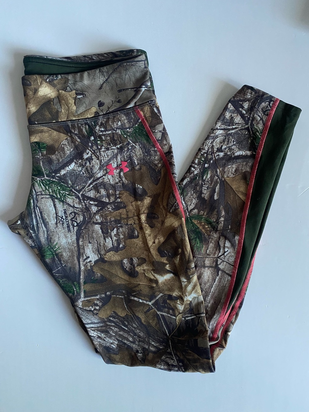 Under Armour Camo Leggings with Pink Logo and Olive Side Panels